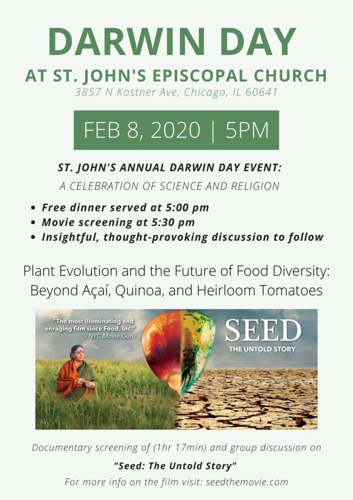 A celebration of science and religion is Feb 8 at 5 pm for dinner, movie screening of "Seed: The Untold Story" and discussion.